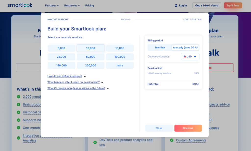 Build your Smartlook plan: Select your monthly sessions and billing period