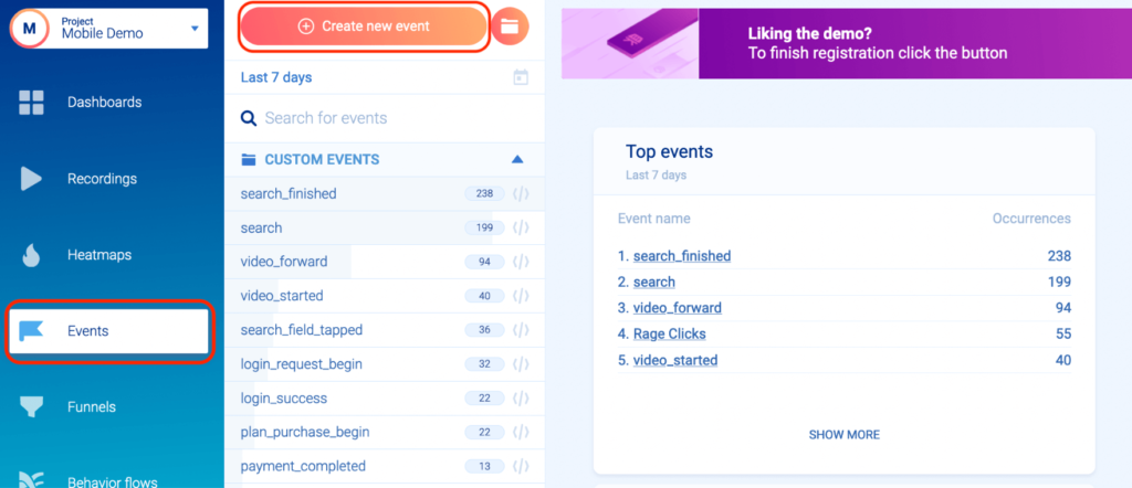 Easily create a new event in Smartlook.