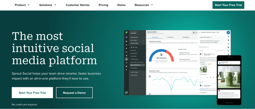 Sprout Social homepage:  The most intuitive social media platform. 