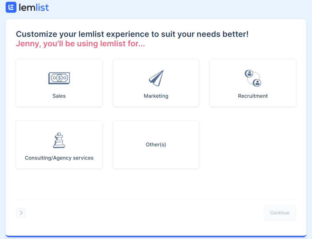 Embed in-app surveys in the welcome flow to know your customers. Lemlist example.