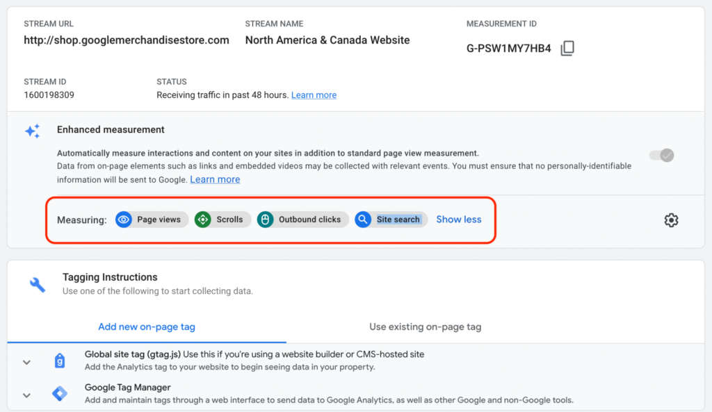 Enhanced Measurement in GA: Page views, Scrolls, Outbound clicks, Site search