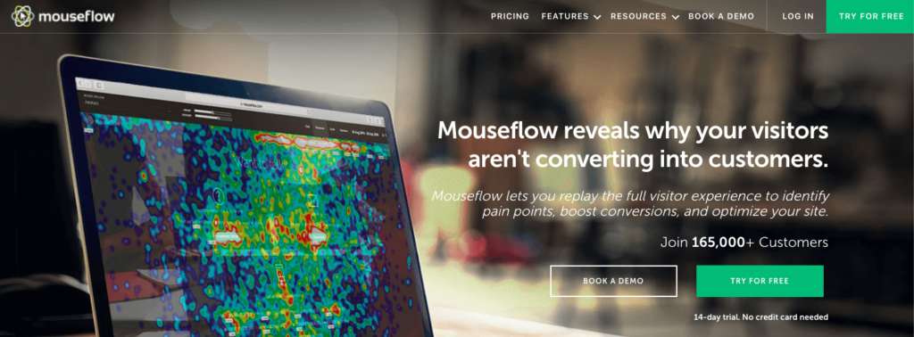 Mouseflow homepage: Mouseflow reveals why your visitors aren't converting into customers.