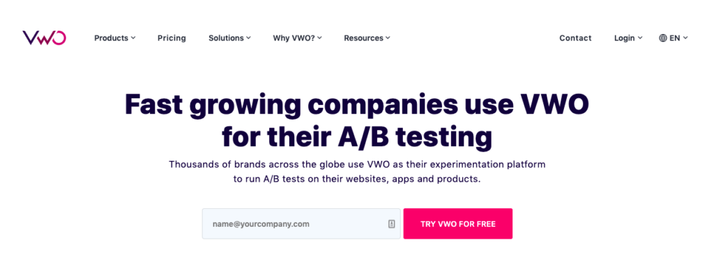 VWO homepage: Growing Companies use VWO for their A/B testing.