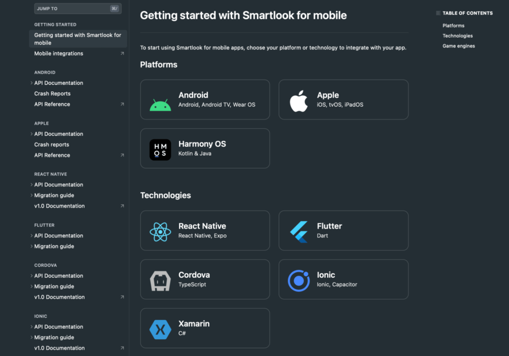 Getting started with Smartlook for mobile: To start using Smartlook for mobile apps, choose your platform or technology to integrate with your app.