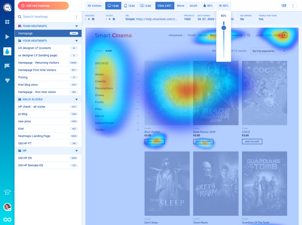 A preview of how heatmaps work in Smartlook: Red means more clicks while blue means less clicks.