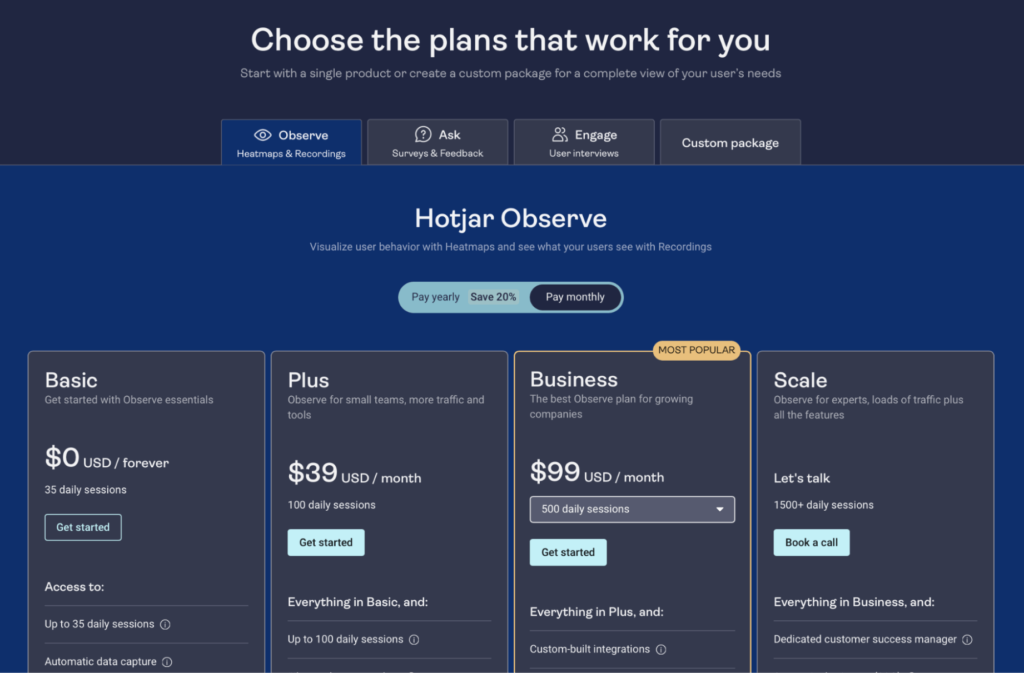 Hotjar Observe Pricing Plans: Basic, Plus, Business, and Scale