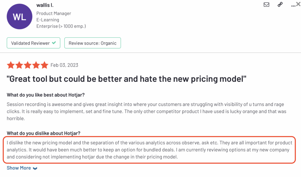 Hotjar review: "I dislike the new pricing model and the separation of the various analytics across observe, ask etc."