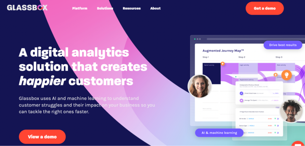 Glassbox homepage: A digital analytics solution that creates happier customers.