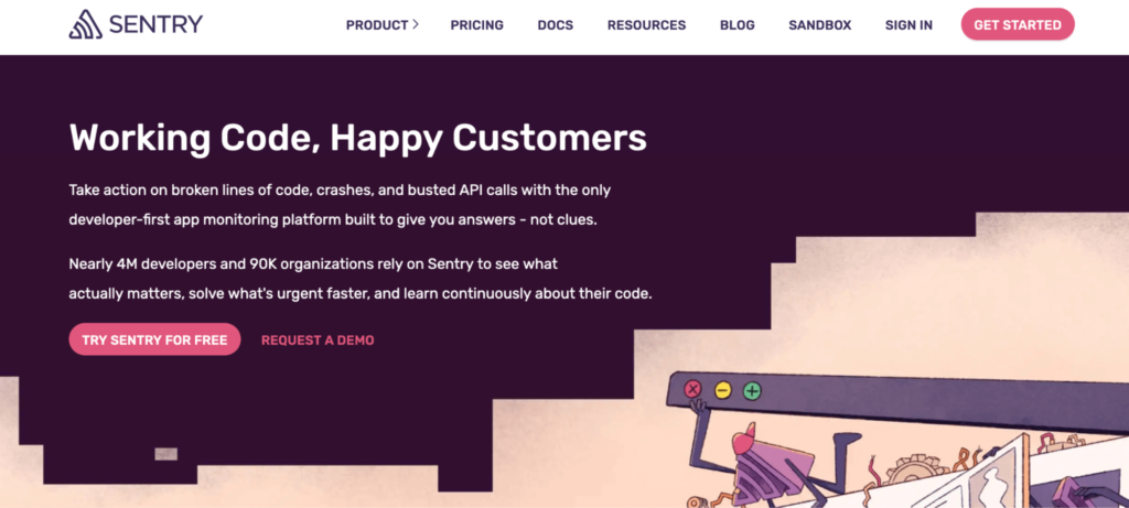 Sentry homepage: Working code. Happy Customers. 