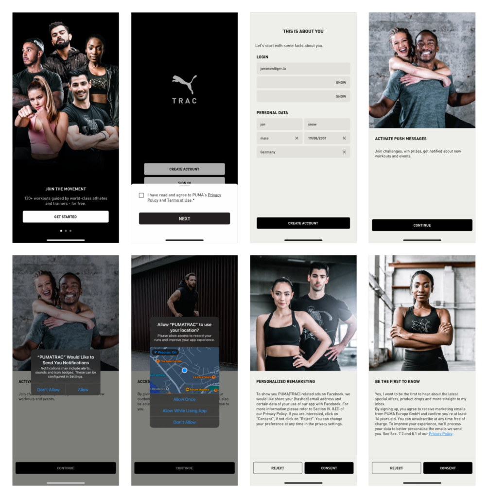 screenshots from PUMATRAC app with their privacy policy and consent boxes on mobile