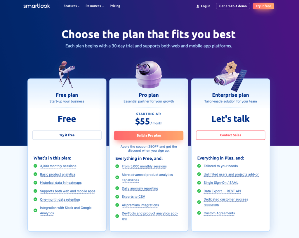 Smartlook Pricing Plans: Free, Pro, and Enterprise