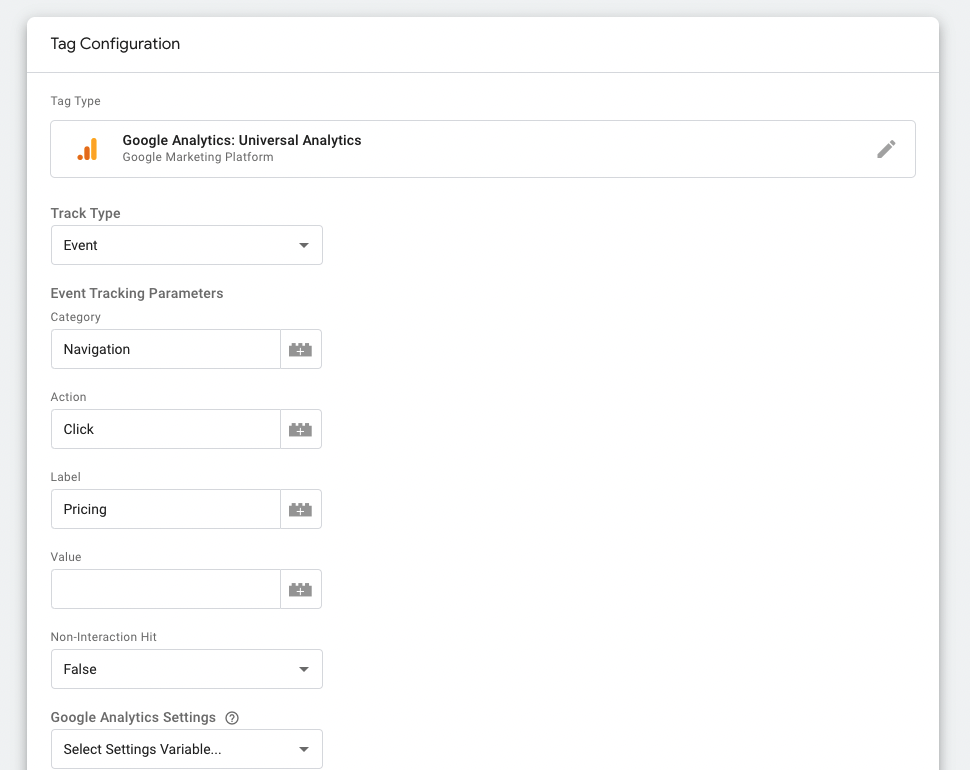 Tag Configuration in GA: Event, Navigation, Click, Pricing